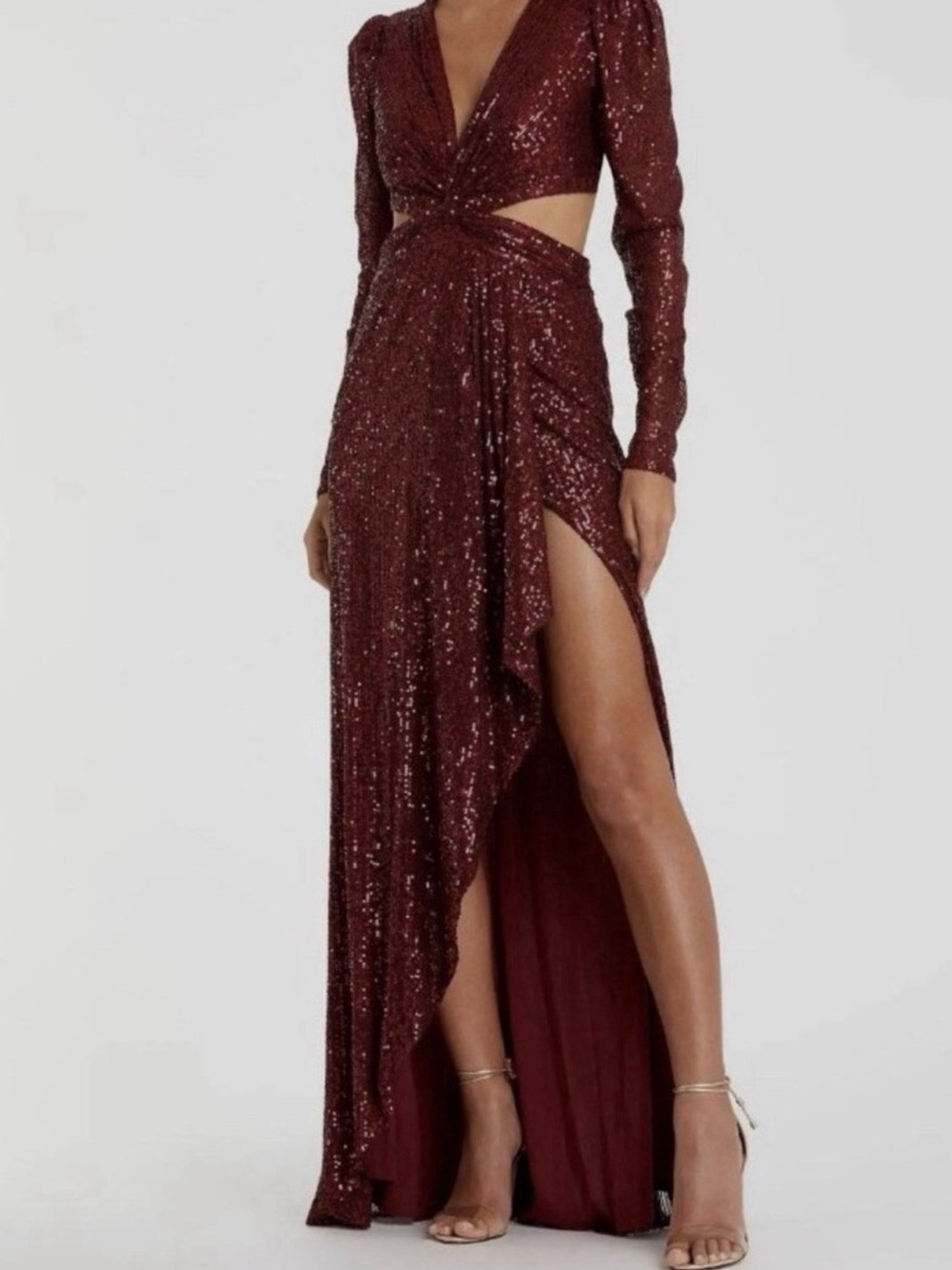 Ieena Duggal 26739 gown features a deep burgundy color, sequin embellishment